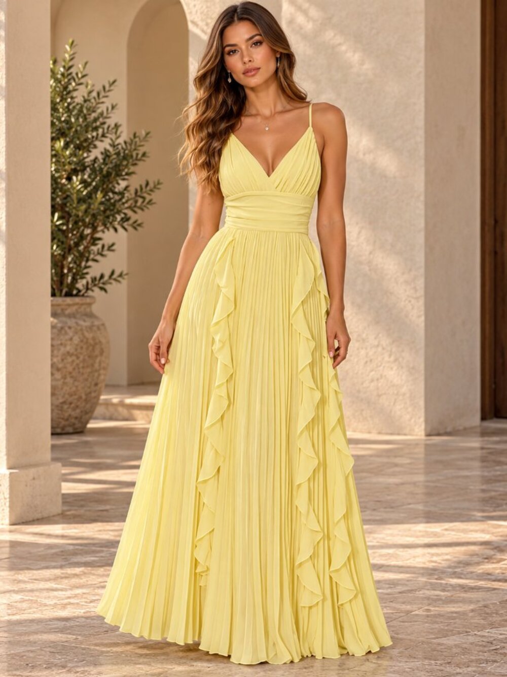 123. Pale Yellow Summer Elegant Pleated Tropical Cocktail Maxi Dress